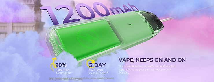  S kapacitou batérie 1200 mAh môžete vapovať celý deň bez potreby častého nabíjania. Batéria taktiež podporuje rýchle nabíjanie cez moderný USB Type-C 