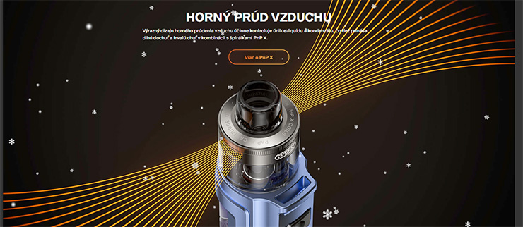 dizajn horného prúdenia vzduchu účinne kontroluje únik e-liquidu a kondenzátu, čo tiež prináša dlhú dochuť a trvalú chuť v kombinácii s špirálkami PnP X