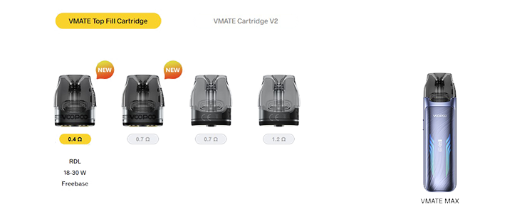 VMATE MAX používa rovnaké cartridge ako zvyšok radu VMATE. Pôvodná linka má 0,7-ohmovú a 1,2-ohmovú podložku, obe s objemom 2 ml, čo sú podložky so spodným plnením, ktoré je potrebné pred naplnením vybrať, VMATE MAX sa dodáva s jednou z novších 3 ml bočných kapsuliek – 0,7 ohmu a 0,4 ohmu. Sú tiež odolné voči úniku e-liquidu. 