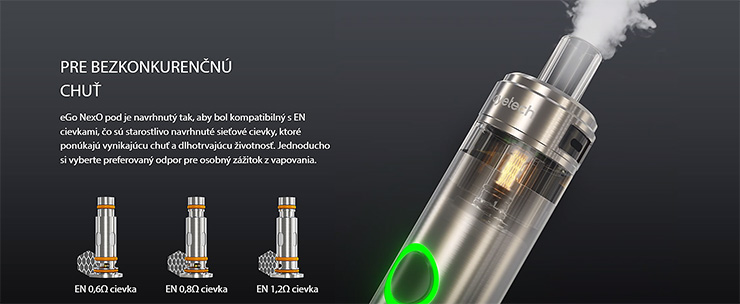 eGo NexO pod je navrhnutý tak, aby bol kompatibilný s EN cievkami, čo sú starostlivo navrhnuté sieťové cievky, ktoré ponúkajú vynikajúcu chuť a dlhotrvajúcu životnosť.