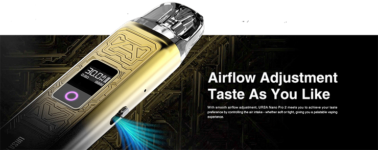 Lost Vape - Ultra Nano Pod 2 sa môže pochváliť plynulým ovládaním prietoku vzduchu cez atomizér- nachádza sa tu páčka na bočnej strane. Toto umožní každému vaperovi nastaviť si charekter poťahovania podľa vlastného vkusu.