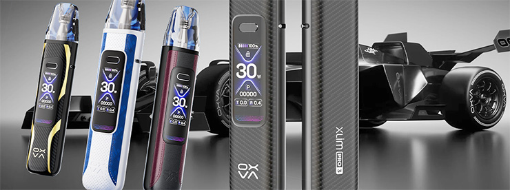 OXVA Xlim Pro 3 e-cigarette 1500mAh na pozadí monopost f1