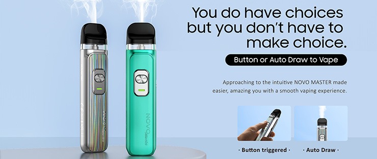 NOVO MASTER ponúka dva režimy vapovania – Boost (intenzívna chuť liquidu) a štandard (jemná chuť liquidu). Tvorbu pary zaisťuje nielen spínacie tlačidlo, ale aj systém automatického žhavenia 
