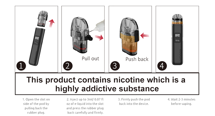 zväčšený objem na 3,0ml a plniaci otvor na bočnej strane náustku. Pre pohodlné plnenie doporučujeme používať plniacu fľaštičku s tenkým hrotom. Po naplnení zátku uzatvorte a cartridge zasuńte späť do prístroja