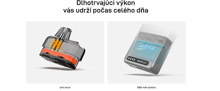 ECO Nano 2 je vybavený cartridgou s ohromujúcim objemom 6 ml, ktorá je osadená vstavanou žhaviacou hlavou Mesh s odporom 0,6 ohm. Vďaka technológii COREX zažijete rýchlejšie a vyváženejšie odparovanie liquidu,